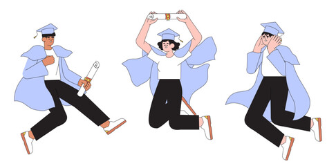 Jumping smiling student learn online in university or courses. Graduate character with gown and hat receive diploma. Self-development or training, seminar, webinar or learning online concept.