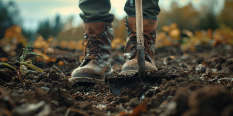 A person is standing in a field with muddy boots and a shovel
