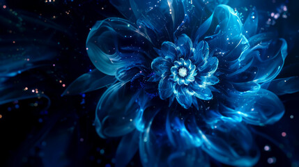 A blue flower with a white center is the main focus of the image. The flower is surrounded by a blue background with a starry sky in the background. The image has a dreamy and ethereal quality to it