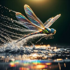 libellule bleu-vert-rouge vole au dessus de l eau, arrière flou, gros plan