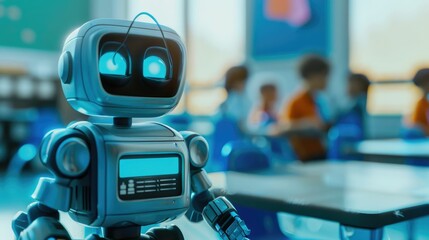 The picture of the robot is staying inside the classroom that has been filled with the children to give advice and assistant for helping the kids, assistant robot is useful for helping human. AIG43.