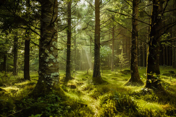 A forest with trees and grass. The sun is shining through the trees, creating a peaceful and serene atmosphere