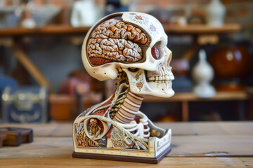 A skull with a brain and a skeleton on top of it. The skull is on a table and is surrounded by other objects