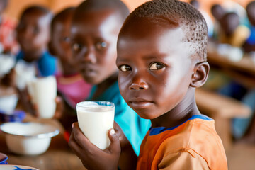 close up of African boy holding a glass of milk in dining room at school looking at camera, group...