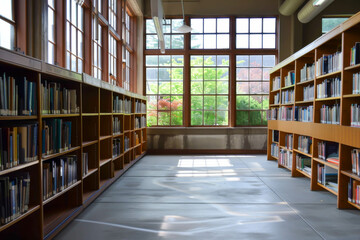 A library with many bookshelves and a large window. The room is empty and the sunlight is shining through the window