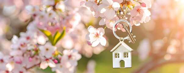 Spring real estate dreams – house key and blossoms