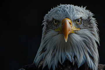 Obraz premium Majestic Bald Eagle's Intense Gaze with a Black Background