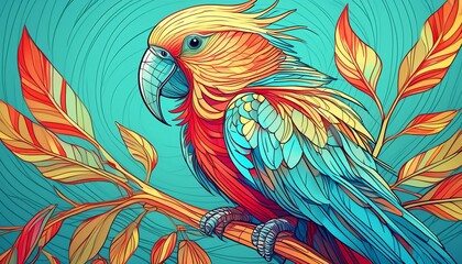  A vibrant parrot with multicolored feathers, sitting on a branch, against a plain turquoise 