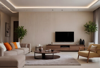 Elegant and modern living space with beige walls, stylish furniture, decorative plants, and ambient lighting for a cozy home atmosphere