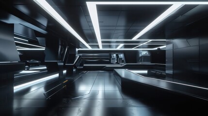 cyber lab in a minimalist dark interior, very futuristic and hi-tech