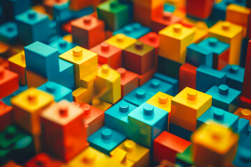 A colorful pile of with a variety of colors and shapes. Concept of creativity and playfulness, as the are arranged in a way that resembles a cityscape or a colorful building