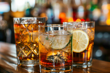 Three glasses of different drinks on a bar counter. The drinks are a mix of cocktails and lemonade
