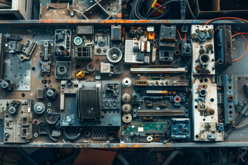 A disassembled computer board with many parts on a table. Scene is one of disarray and chaos, as the various components are scattered and disorganized