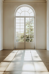 Bright sunlit room with large arched window