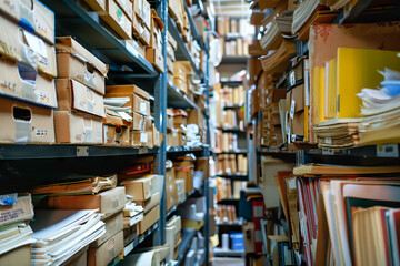 A large room with many boxes and shelves filled with papers. The room is very cluttered and disorganized