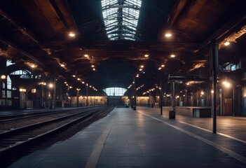 Fototapeta premium 'abandoned empty station train night old ancient railway deserted photo editing illustration art design summer sunrise sunset industrial travel vintage railroad grunge'