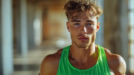 Athletic male in a neon green tank top jogging, with a minimalist white background