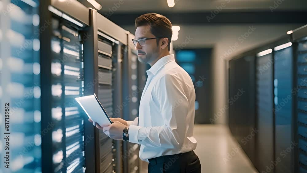 Poster man using tablet in server room generative ai