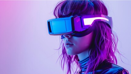 Beautiful woman with purple hair in futuristic costume over white background. Girl in glasses of...