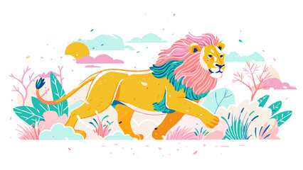 Obraz premium Colorful Illustrated Lion Roaming in a Stylized Pastel Landscape