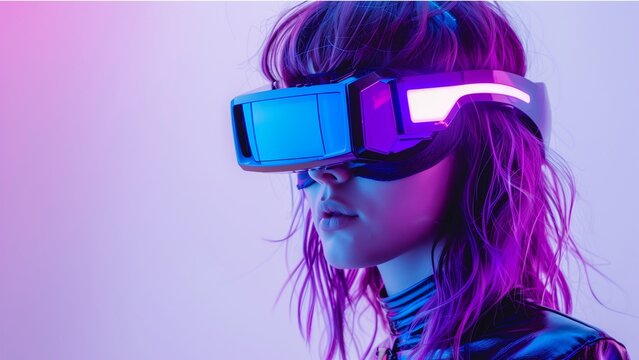 Beautiful woman with purple hair in futuristic costume over white background. Girl in glasses of virtual reality. Augmented reality, game, future technology, AI concept. VR. Blue, violet neon light