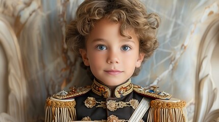 Boy with a toy drum, wearing a ceremonial military uniform, against a light slate background.