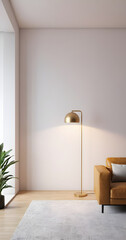Simple living room interior with a comfortable armchair, modern floor lamp, plant, and rug in a cozy, neutral color palette