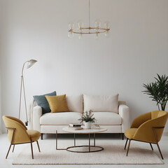Stylish minimalist living room with a cozy sofa, elegant armchairs, and a delicate chandelier in a bright, inviting space
