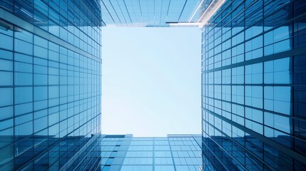 Upward view between modern glass skyscrapers with blue sky overhead