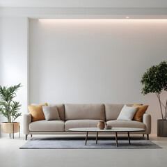 Contemporary living room with a stylish beige sofa, wooden furnishings, and decorative indoor plants set against a neutral background