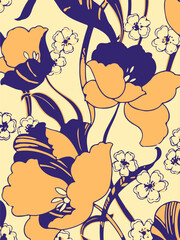 Floral seamless pattern with big flowers and  Vector illustration.