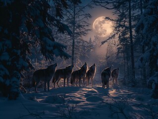 The pack of red moon,Group of ferocious wolf in the forest,3d illustration