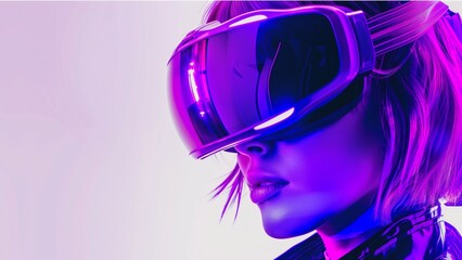 Beautiful woman with purple hair in futuristic costume over white background. Girl in glasses of virtual reality. Augmented reality, game, future technology, AI concept. VR. Blue, violet neon light