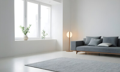 Modern minimalist living room bathed in natural light, featuring a comfortable sofa, elegant floor lamp, and fresh plants on the window sill