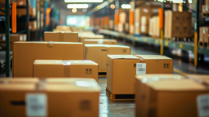 A warehouse with many boxes stacked on pallets. The boxes are all brown and have different sizes