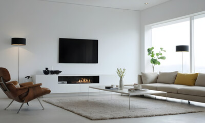 Modern living room with a snug fireplace, simple furnishings, and expansive city-view windows