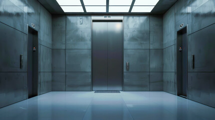 A large, empty, and dark elevator with two doors