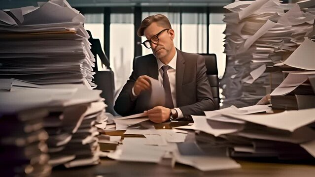 Man Working at Desk With Piles of Papers Generative AI