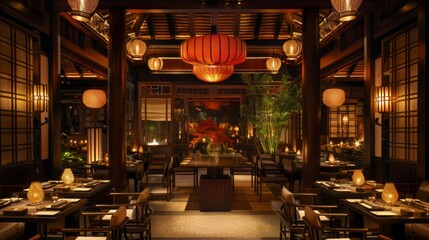 A beautifully lit traditional Asian restaurant with wooden decor, lanterns, and arranged dining...