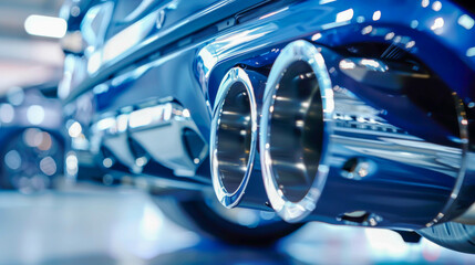 Fototapeta premium A blue car with chrome exhaust pipes. The car is parked in a garage