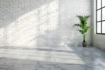Modern empty room with white brick wall and plant