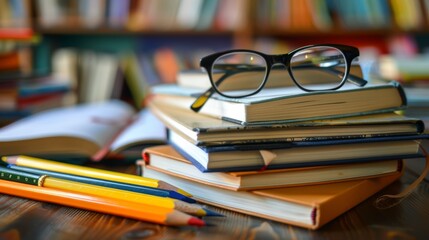 Books, pencils, and glasses on a wooden desk. Academic study and preparation concept