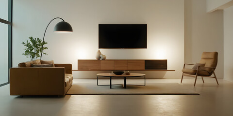 Serene and inviting home environment with cozy furniture, ambient lighting, and contemporary decor in a stylish minimalist living room