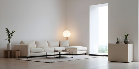 Tranquil modern living room featuring a white couch, sleek furnishings, and understated decor bathed in natural sunlight