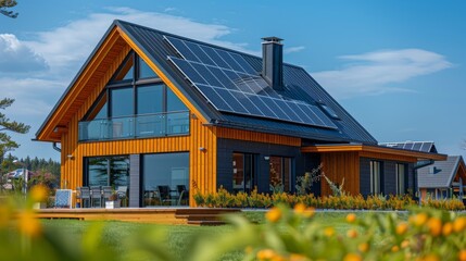 New photovoltaic system and solar panels on the roof of suburban Modern house