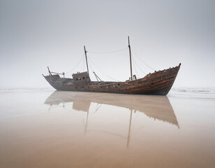 old abandoned shipwreck at the shore on a misty day