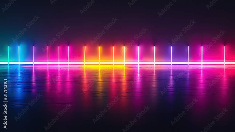 Wall mural futuristic wallpaper with light reflections in neon colors on a black background