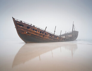 old abandoned shipwreck at the shore on a misty day