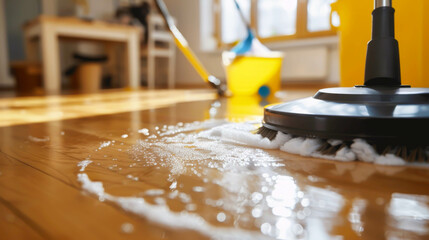 Fototapeta premium A floor is wet and a mop is being used to clean it. The mop is yellow and black