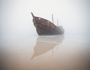 old abandoned shipwreck at the shore on a misty day